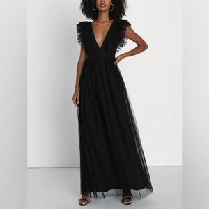Lulus “Simply Delighted” Black Ruffled Maxi Dress – NWT – Elegant Backless Gown